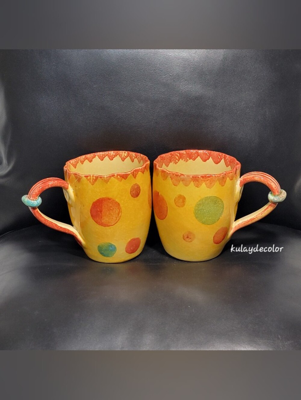 Set of 2 Vintage Italian Pottery Hand Painted Cup Colorful Polka Dot Coffee Mug